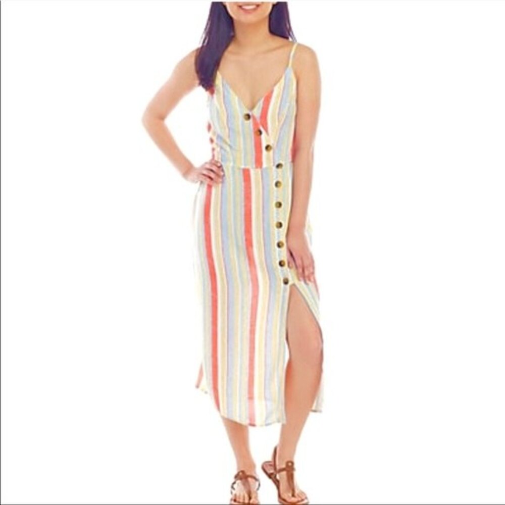 Sandy & Sid Striped Button Front  Linen Blend Midi Dress S